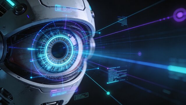 abstract technology backgroundClose up of a futuristic robotic eye sensor with glowing blue holographic HUD interface, concept of artificial intelligence, biometric scanning and computer vision