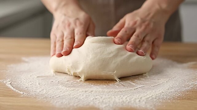 Kneading bread dough, baker hands working with raw dough on floury table