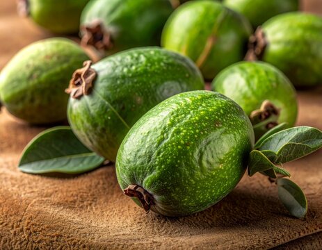 Close-up Of Ripe Green Feijoas With Leaves On A Textured Wooden Surface