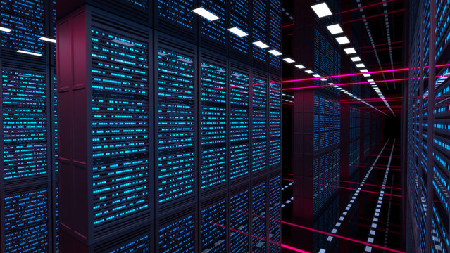Data center server room interior with neon light blue lights of server racks, pink LED lights in the aisle, glossy black floor and ceiling. 3d illustration