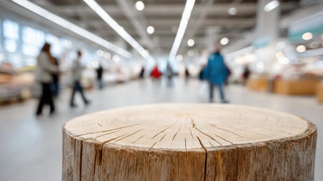 Tracking shot of wooden stump in foreground while shoppers walk and pass through large warehouse store interior