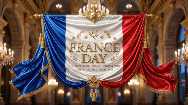 A luxurious French flag banner with gold accents in an opulent hall