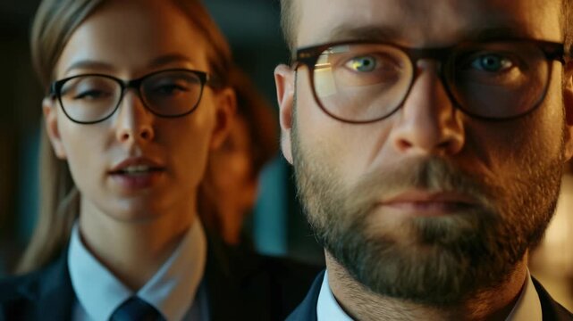 Man in glasses with serious expression.