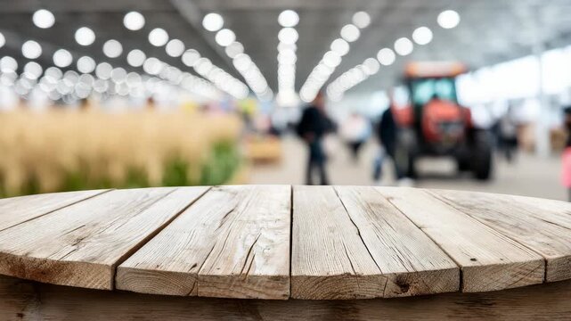 Static shot of wooden table with people walking past blurred tractor in indoor exhibition hall with overhead lights and bokeh