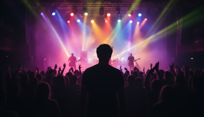 Fototapeta premium Crowd enjoying live band performance on stage with colorful lighting