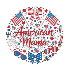 Obraz premium Circular composition with American Mama lettering surrounded by festive patriotic holiday icons isolated on transparent background.