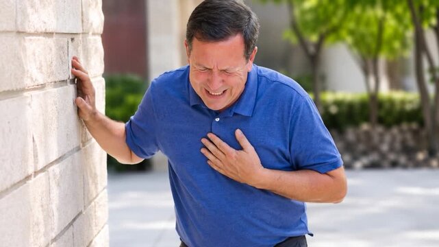 Man sick, having severe chest pain, holding hands on heart outside.


