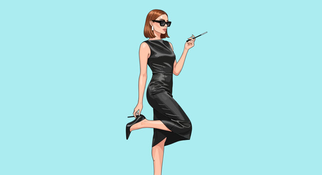 Elegant woman in black dress with sunglasses, stylish lady holding cigarette holder, vintage fashion illustration, sophisticated female character