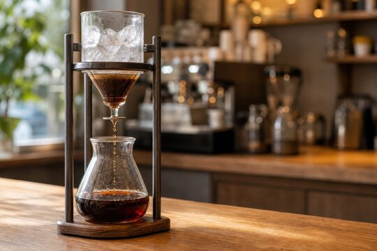 カフェカウンターで静かに抽出される水出しコーヒー