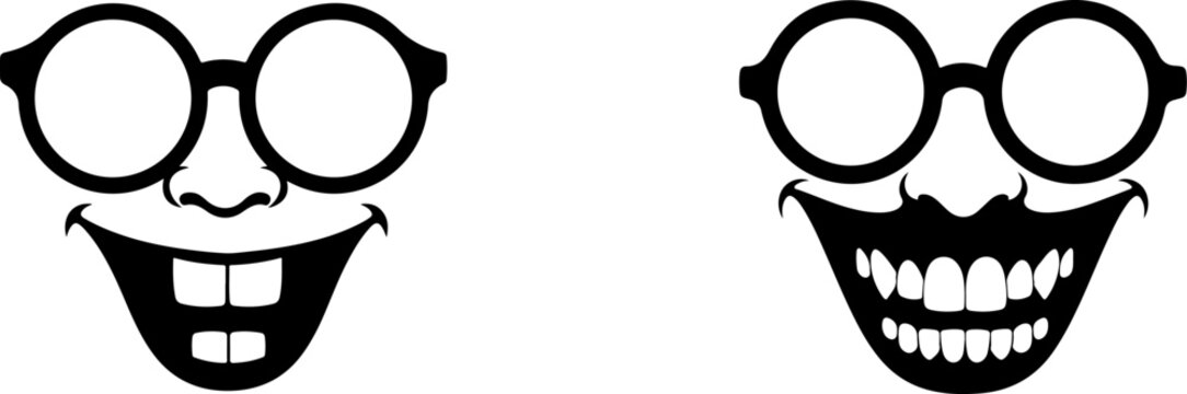 Funny nerd faces with round glasses and buck teeth black ink vector graphics for t-shirts.