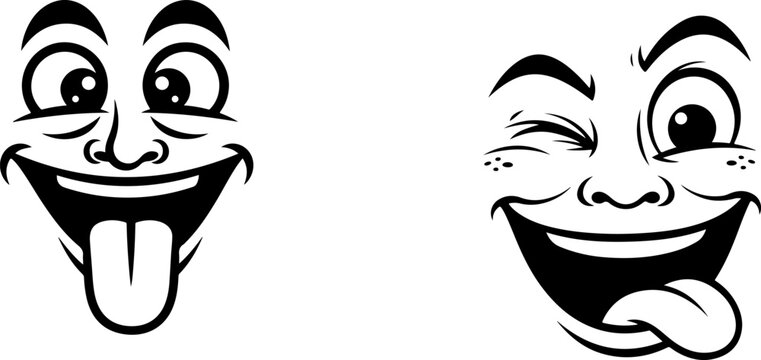 Funny cartoon face with tongue out and crazy wide eyes isolated on transparent background.