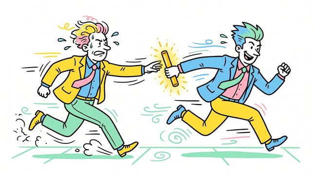 Funny doodle illustration of business characters running a relay race and handing over a golden baton, delegation concept.
