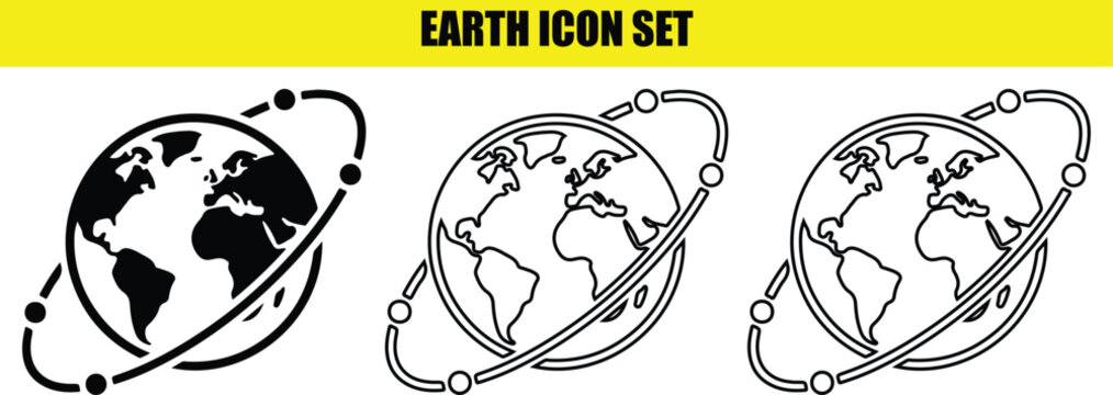 Earth icon set with world globe map showing continents and orbital satellite paths in three different vector styles.