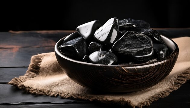 a bowl filled with shiny black obsidian mineral pieces sits on a rustic surface their unique texture and color against a dark cloth backdrop