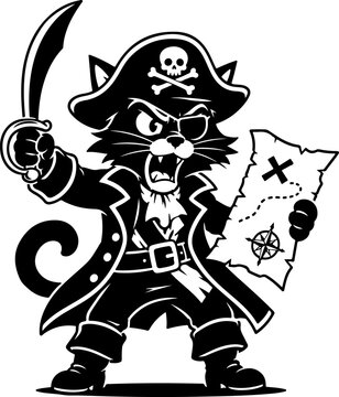 Pirate cat with sword, eye patch, hat and treasure map, ready for adventure.