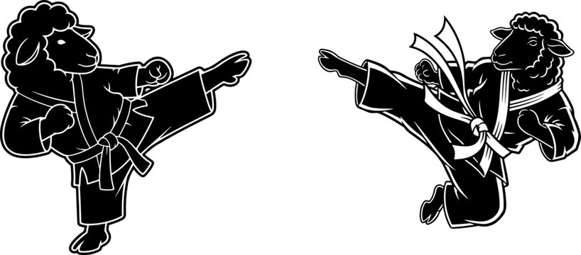 Sheep martial arts master performing karate kick in traditional uniform mascot illustration.