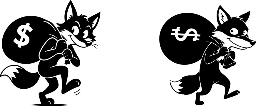 Sly fox with money bag, a playful and mischievous cartoon character design.