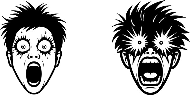 Shocked screaming face icons with starburst eyes and open mouth black vector illustration.