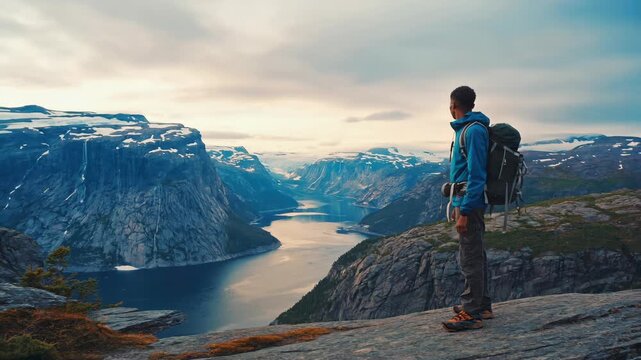 Man stands atop cliff overlooking vast fjord. Mountains loom in soft twilight glow. Water reflects sky's fading hues. Rugged terrain shows signs of weathering. Hiker wears jacket and carries backpack