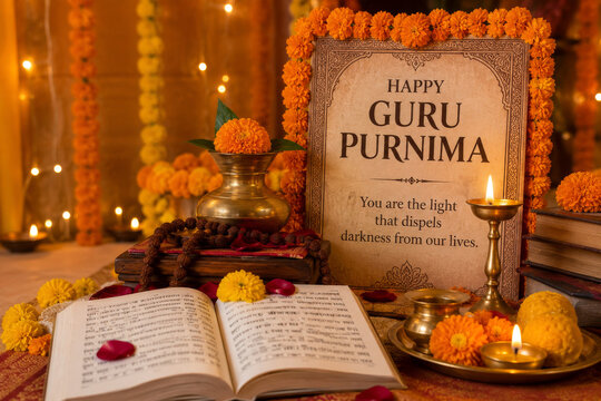 A warm and spiritual Guru Purnima celebration scene with sacred books, glowing diyas, marigold flowers, prayer beads, and traditional Indian decorations.