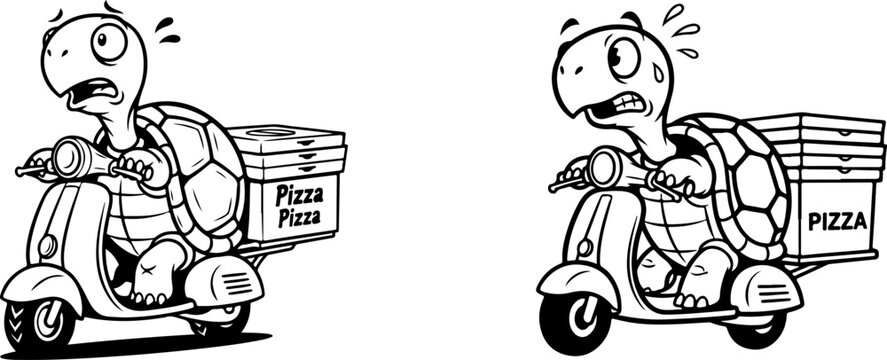 Two frightened turtle pizza delivery riders on scooters, fast delivery concept illustration.