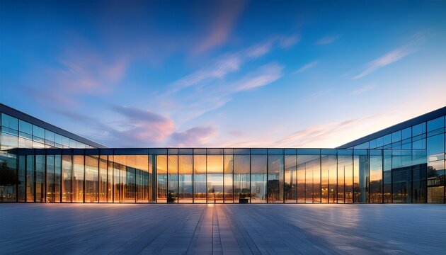 a sleek modern office building bathed in the soft twilight reflecting the tranquil evening sky in its expansive glass facade promising innovation and collaboration within