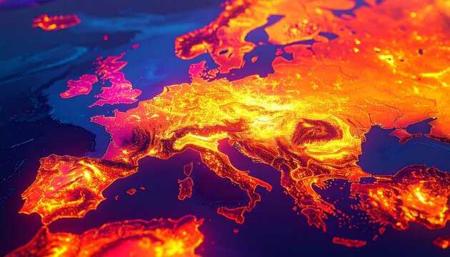 Glowing Europe Map Illuminated by Vibrant Orange Lights at Night