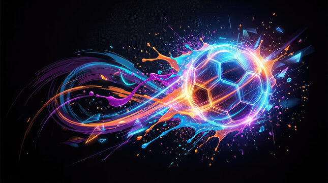 Digital Wireframe Football with Abstract Glowing Liquid Loop
