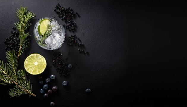 an elegant shot from above a gin tonic surrounded by juniper berries and a lime twist on a minimalist black table central void area for text