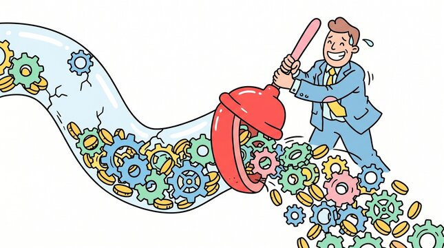 Funny doodle illustration of a business character using a giant plunger to unclog a pipe of gears and coins, removing bottlenecks concept.