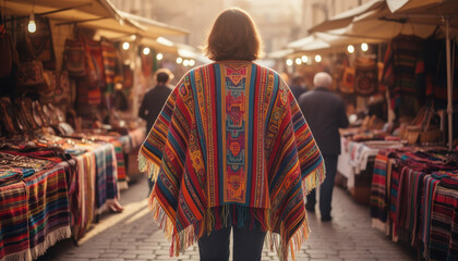 Fototapeta premium Woman walking through a vibrant textile market