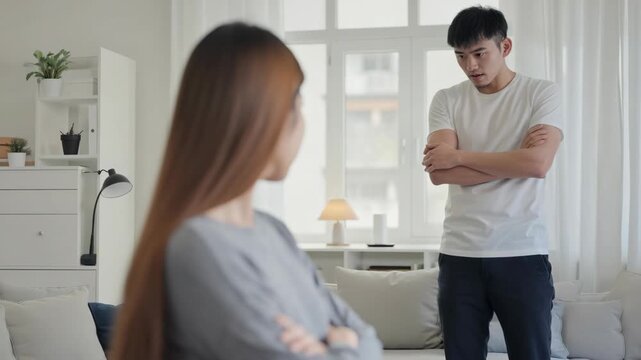 Asian woman staring with arms crossed over gray sweater.