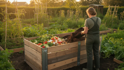 Obraz premium Woman harvesting fresh vegetables in a raised garden bed during sunset