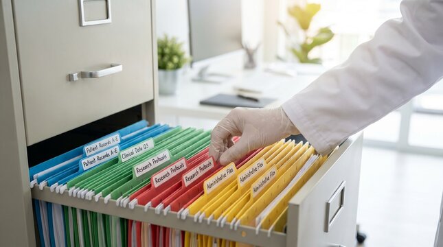 &ldquo;Open filing cabinet with color-coded folders labeled medical records, symbolizing organized healthcare data management.&rdquo;