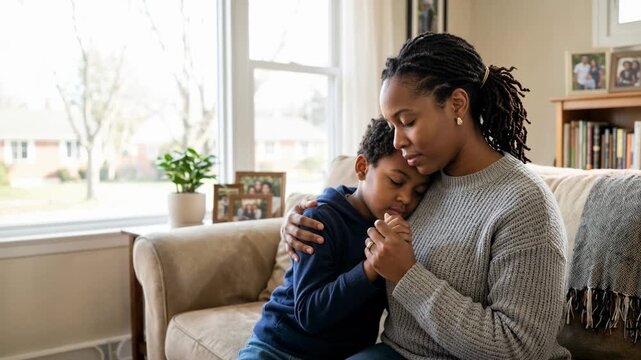 Emotional moment of prayer between mother and son on cozy sofa in living room, warm interaction shows faith and trust. Family prayer strengthens bond, concept for faith and religion themes.