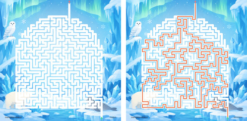 Winter arctic maze puzzle with polar bear and northern lights on light blue background © Svet Kazakova