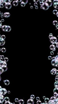 Floating Soap Bubble Border Frame alpha channel animation,air bubbles isolated cosmetics and cleaning vertical social media motion design element