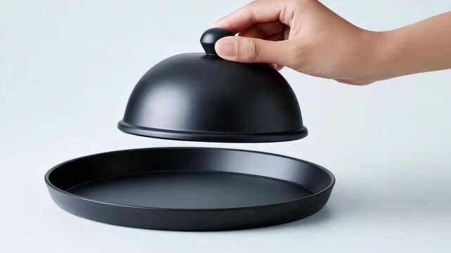 Slow motion close up of hand lifting cloche lid from empty black serving plate on studio table with soft daylight minimal background