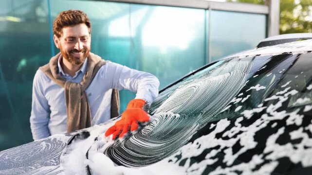 A smiling man wearing an orange glove washes a car windshield covered in soap suds with a sponge