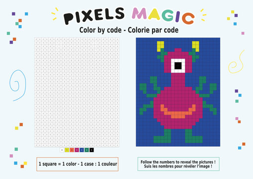 Coloriage au num&eacute;ro, pixel art : cr&eacute;ature &eacute;trange rose et verte
