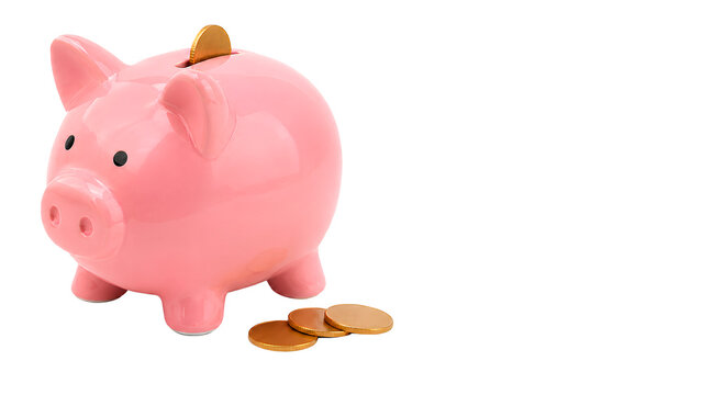 Pink Ceramic Piggy Bank With Plain Gold Coins on White Studio Background