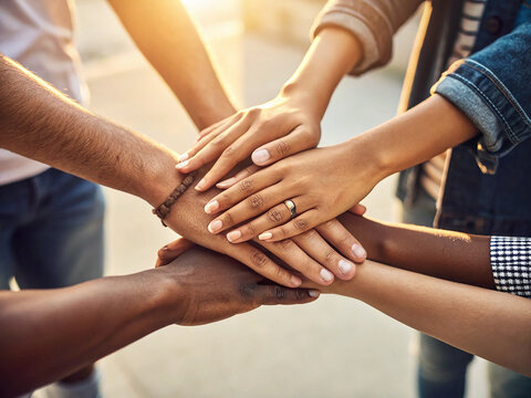 Diverse multiethnic group of people stacking hands together in unity and teamwork