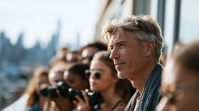 World Photography Day celebration where a documentary photography instructor guides a teen workshop outdoors on a city rooftop, students aiming entry-level cameras at a panoramic urban skyline, late