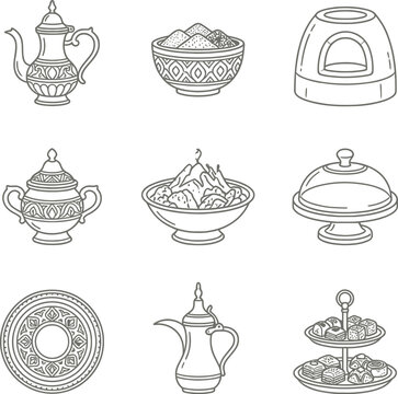Traditional middle eastern and arabic food and kitchenware icons set isolated on white background