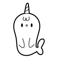 Cute cartoon narwhal with a horn, simple line drawing, isolated on white background © Samauzzaman