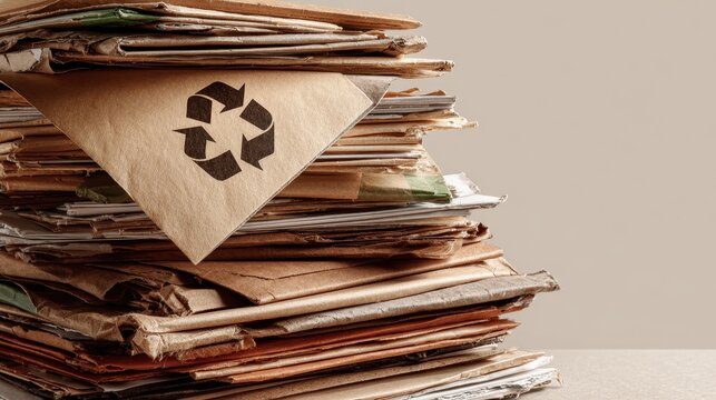 Close up of large stack of old newspapers and cardboard with recycling icon
