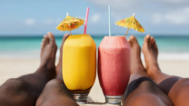 Slow motion close up of two tropical smoothies resting between sunbathing legs on sandy beach with ocean horizon