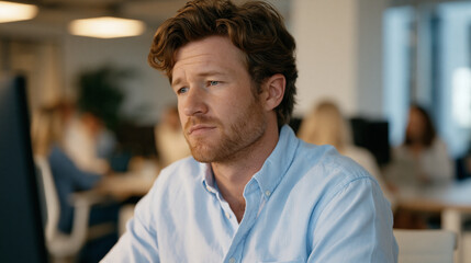 Obraz premium Quiet quitting embodied in a thirty-year-old account manager who has mentally checked out, staring at a screensaver in a busy open-plan office, colleagues buzzing around him, promotional announcemen