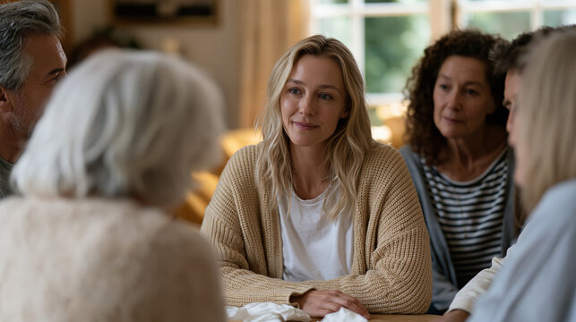 Palliative care social worker facilitating a family meeting in a hospice consultation room, seated with three adult siblings and their frail mother, tissues on the table, afternoon light softening t