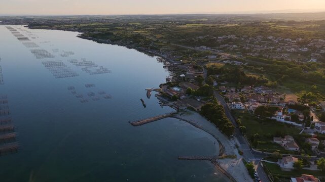 Aerial view of Bouzigues on the Thau Lagoon, in the H&eacute;rault department, Occitanie region, France